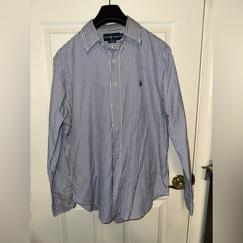 Ralph Lauren Navy and White Striped Button-Up